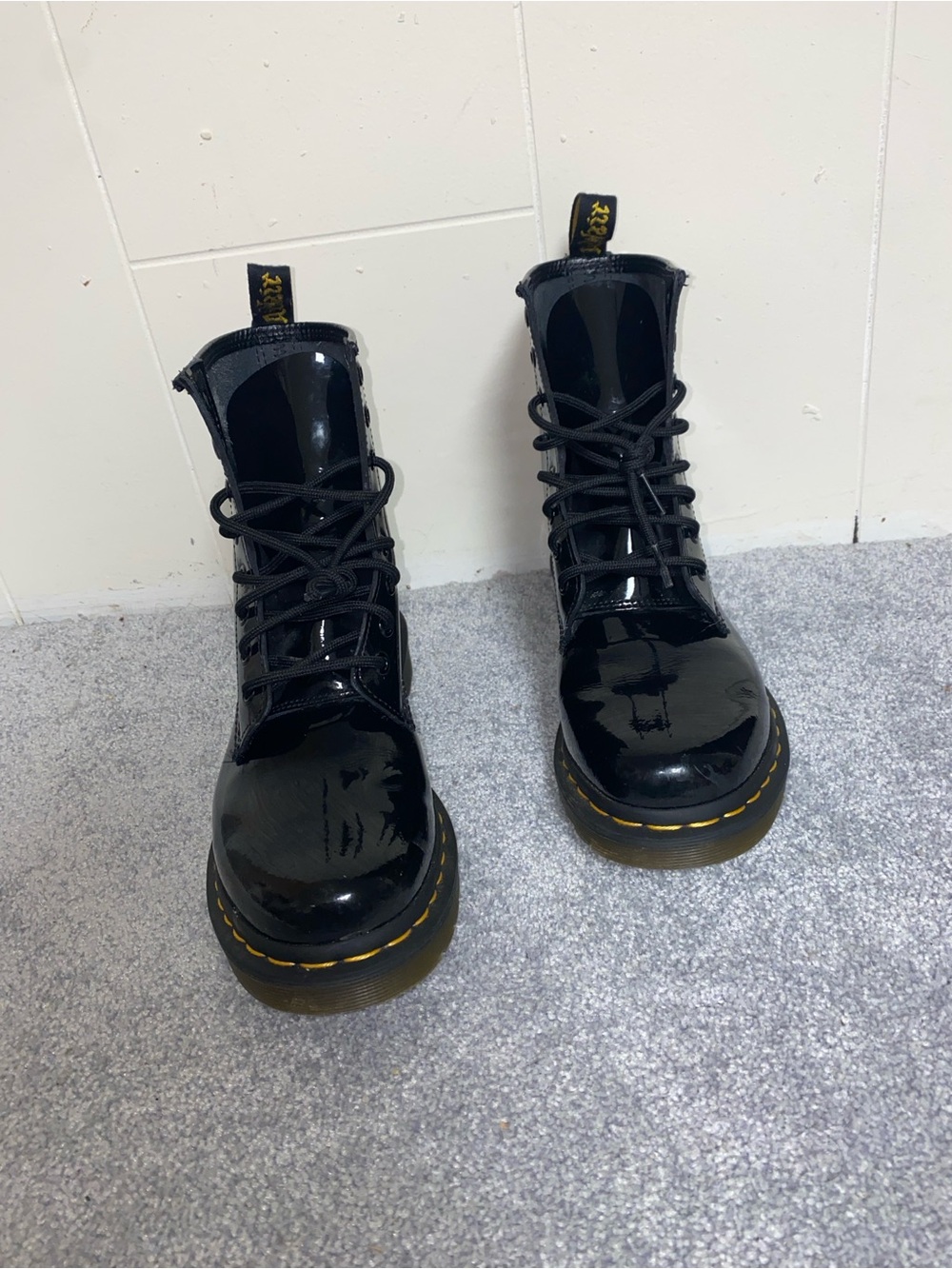 Black Patent Lace-Up Combat Boots with Yellow Stitching